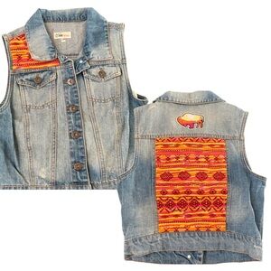 Custom Denim Vest Southwest Sunset Buffalo Motif Embroidery Distressed Wash